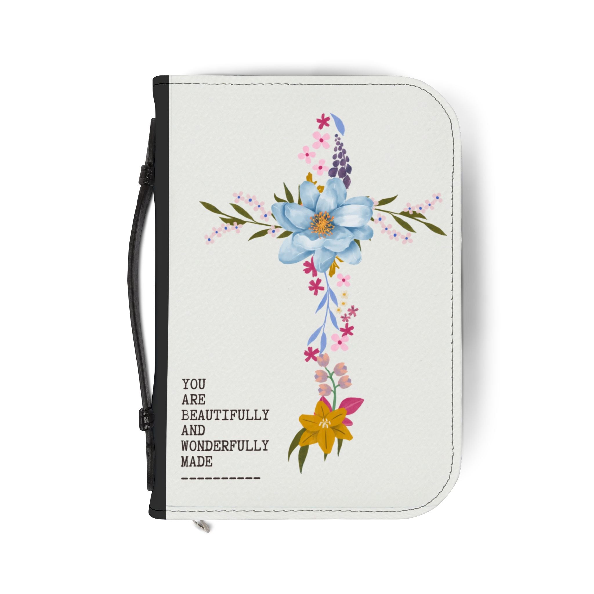 Wonderfully Made Bible Cover with Floral Cross Design.