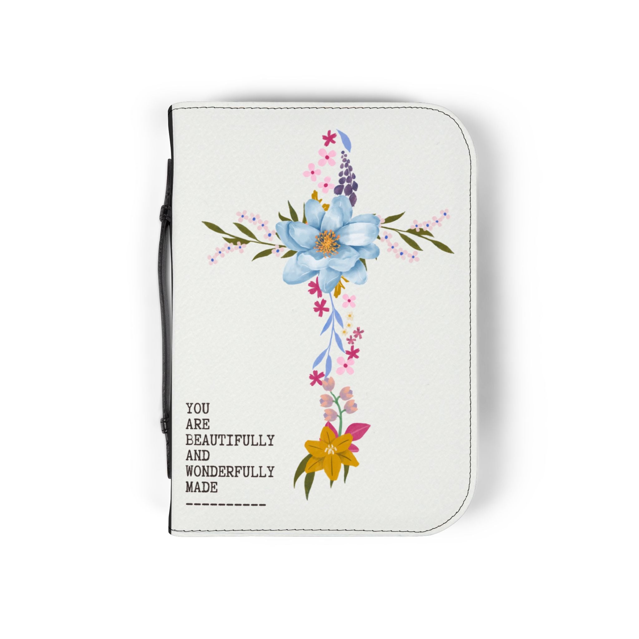 Wonderfully Made Bible Cover with Floral Cross Design.