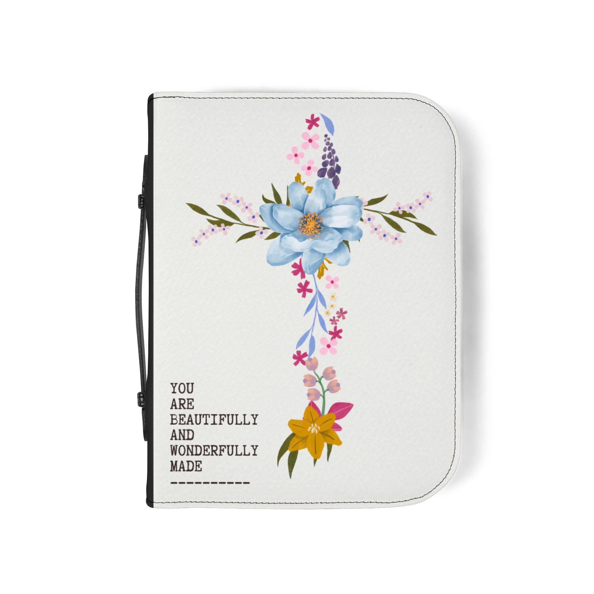 Wonderfully Made Bible Cover with Floral Cross Design.