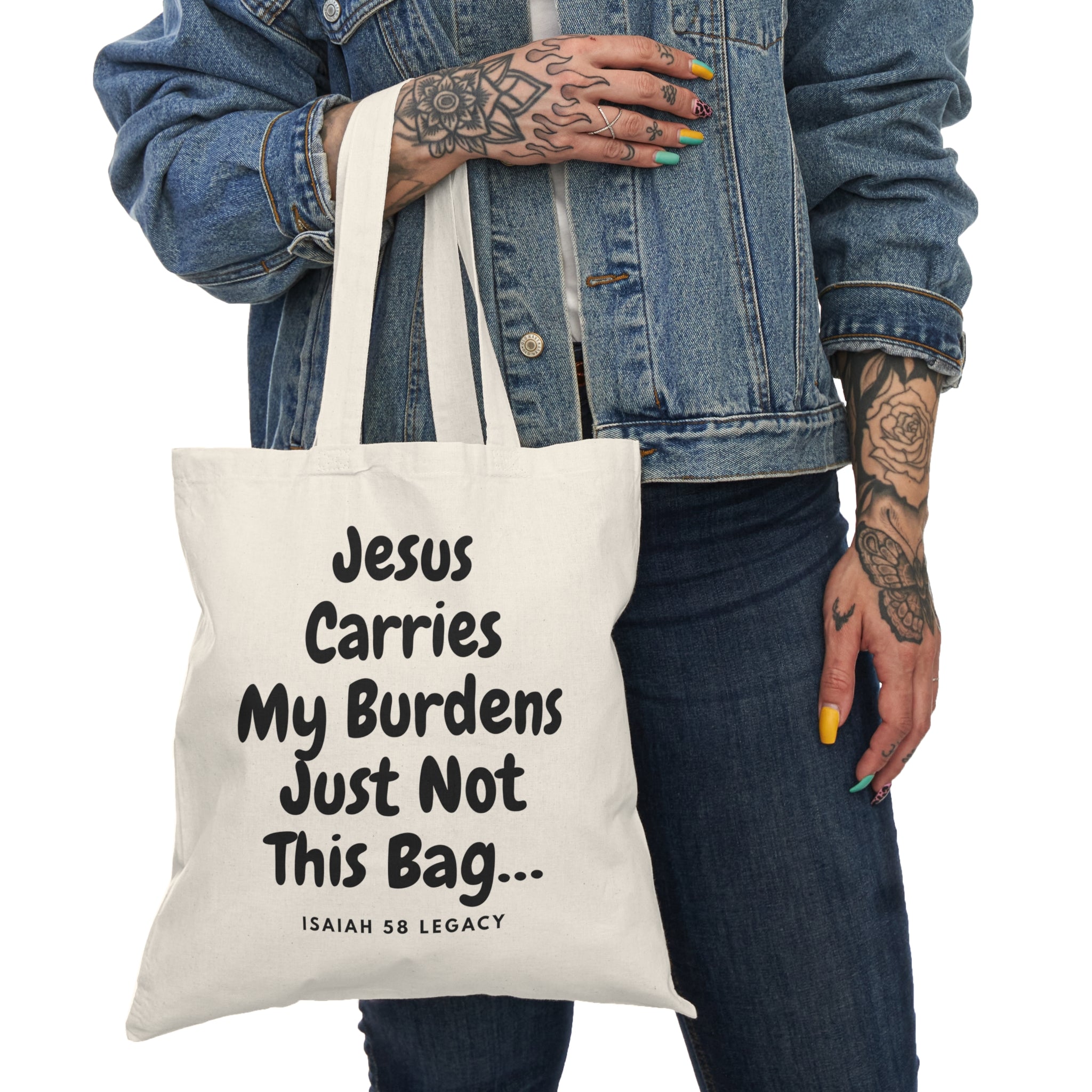 JESUS CARRIES MY BURDENS. Natural Tote Bag