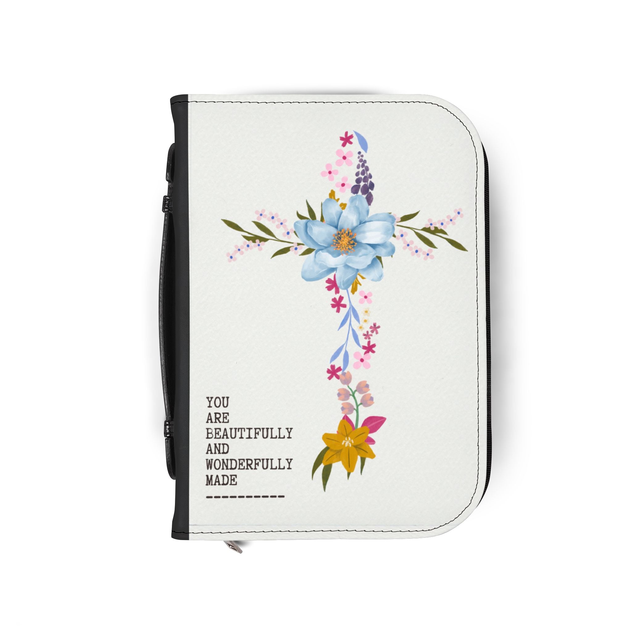 Wonderfully Made Bible Cover with Floral Cross Design.
